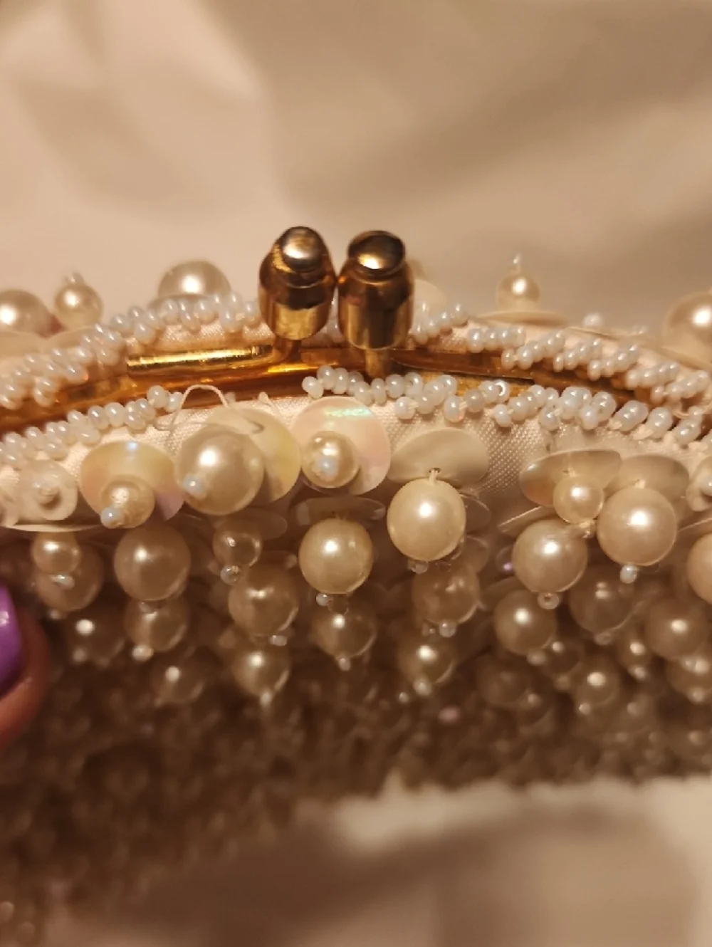 Vintage Pearl & Sequin White Evening Clutch with Gold Handle